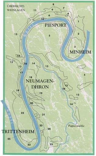 Katasterkarte mit Übersicht über die Weinlagen der Moselgemeinden Piesport, Minheim, Neumagen-Dhron und Trittenheim